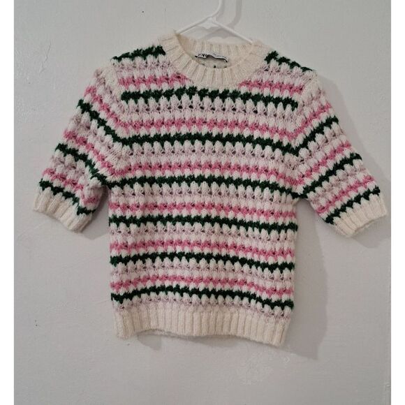 Zara Womens Small SOFT STRIPE KNIT Alpaca sweater Top Short Sleeve Pink Green - Picture 1 of 6